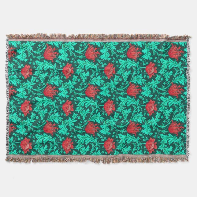 William Morris Anemone, Deep Red and Turquoise Throw Blanket (Front)