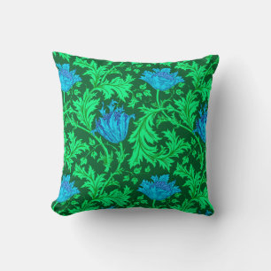 William Morris Anemone, Emerald Green and Blue Throw Pillow