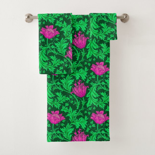 William Morris Anemone, Emerald Green and Fuchsia Bath Towel Set (Insitu)