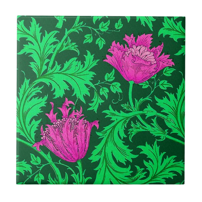 William Morris Anemone, Emerald Green and Fuchsia Tile (Front)