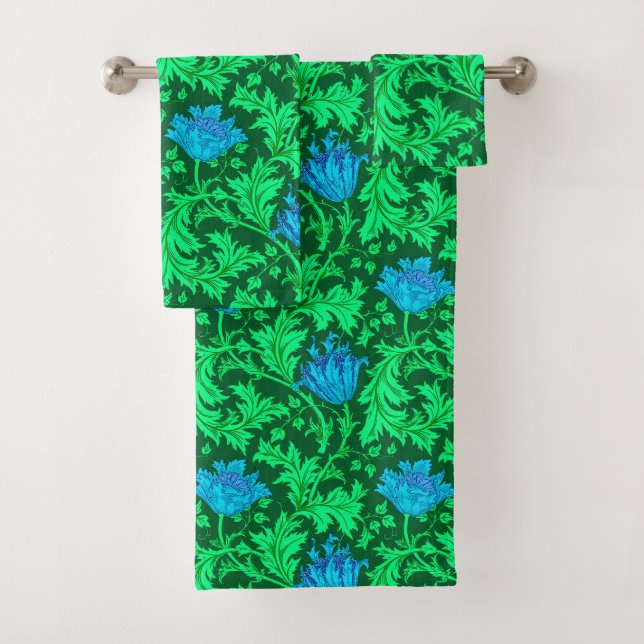 William Morris Anemone, Emerald Green & Turquoise Bath Towel Set (Insitu)