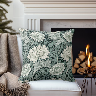 William Morris Anemone Floral Pattern in Teal Throw Pillow