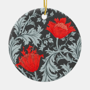 William Morris Anemone, Grey / Grey and Red   Ceramic Ornament