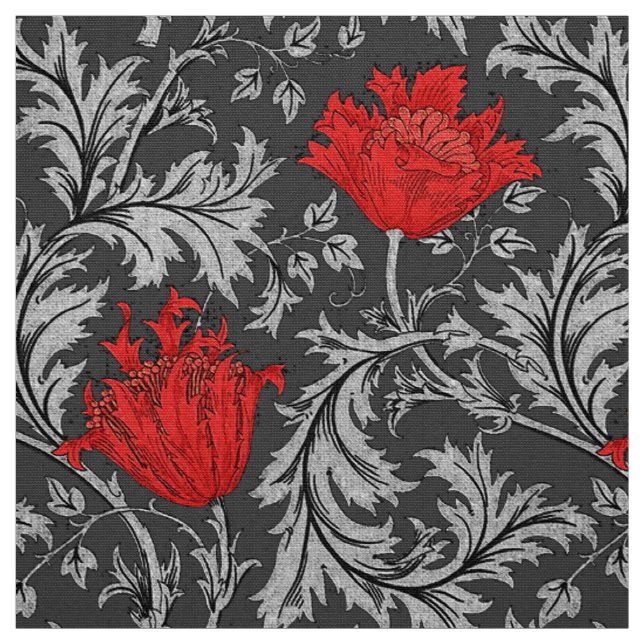 William Morris Anemone, Grey / Grey and Red Fabric (Swatch)