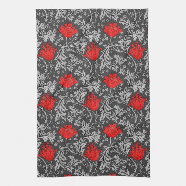 William Morris Anemone, Grey / Grey and Red   Kitchen Towel (Vertical)