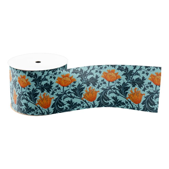 William Morris Anemone, Indigo Blue and Coral Grosgrain Ribbon (Spool)