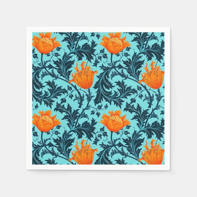 William Morris Anemone, Indigo Blue and Coral Napkin (Front)