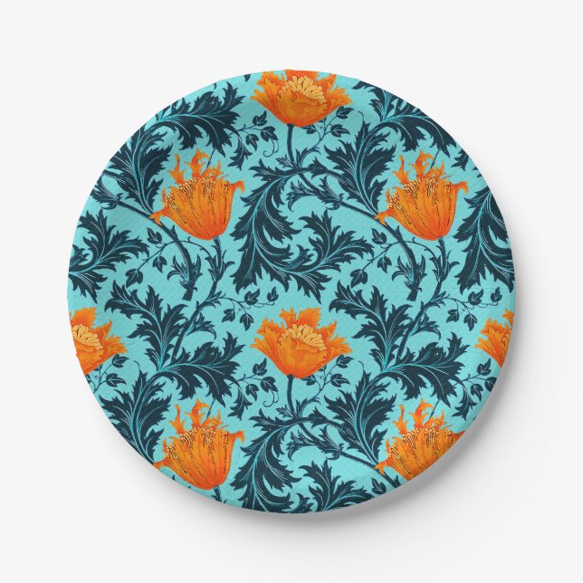 William Morris Anemone, Indigo Blue and Coral Paper Plate (Front)