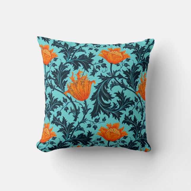 William Morris Anemone, Indigo Blue and Coral Throw Pillow (Front)