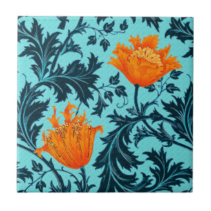 William Morris Anemone, Indigo Blue and Coral Tile