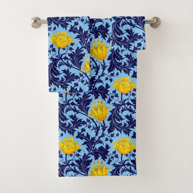 William Morris Anemone, Navy and Mustard Yellow Bath Towel Set (Insitu)
