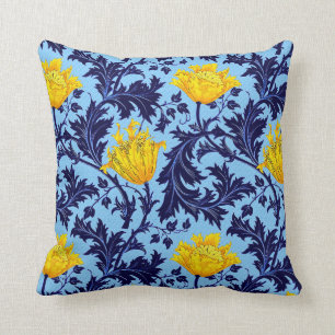 William Morris Anemone, Navy and Mustard Yellow Throw Pillow