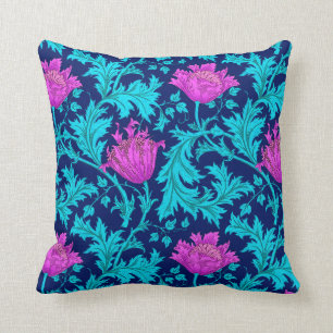 William Morris Anemone, Navy, Turquoise & Magenta Throw Pillow