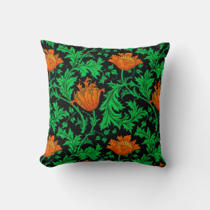 William Morris Anemone, Orange, Green and Black Throw Pillow