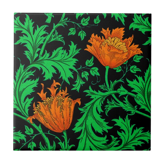 William Morris Anemone, Orange, Green and Black Tile (Front)