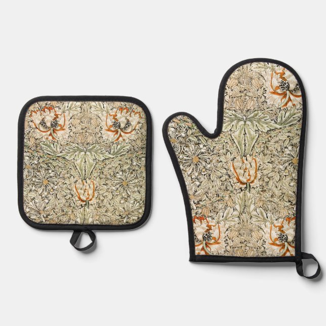 William Morris Antique Honeysuckle Floral Classic Oven Mitt & Pot Holder Set (Front)
