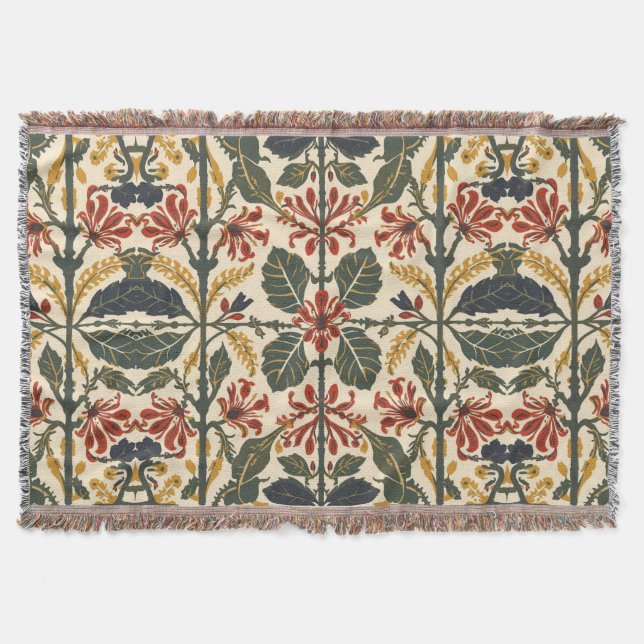 William Morris Antique Honeysuckle Floral Pattern Throw Blanket (Front)