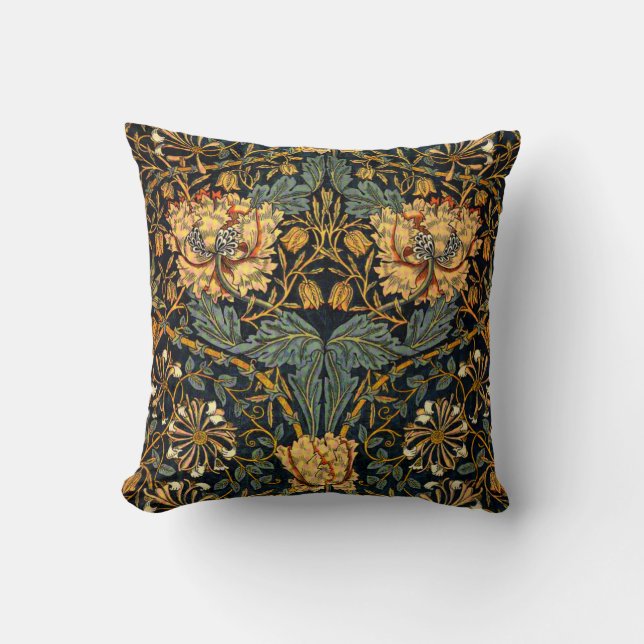William Morris Antique Honeysuckle Floral Pattern Throw Pillow (Front)