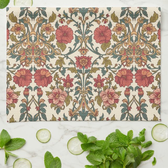 William Morris Antique pink roses Floral Pattern Kitchen Towel (Folded)