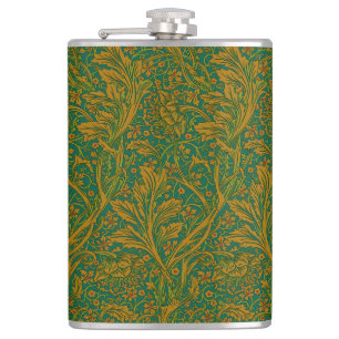 William Morris Arcadia Floral Pattern Green Golden Hip Flask