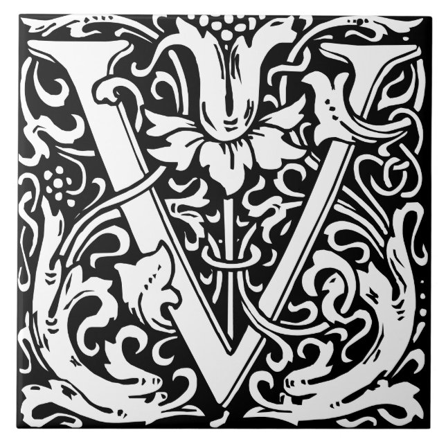 William Morris Art Nouveau Floral Initial Letter U Tile (Front)