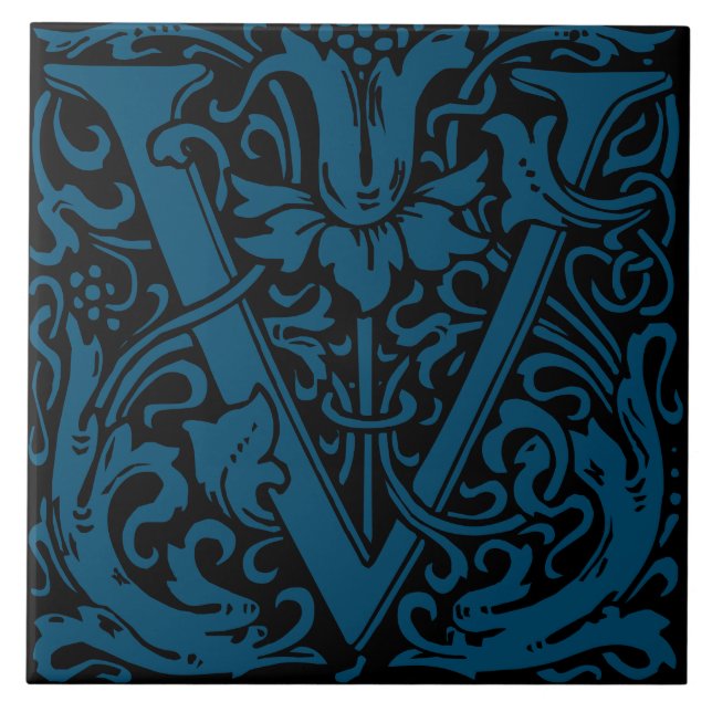 William Morris Art Nouveau Floral Initial Letter U Tile (Front)