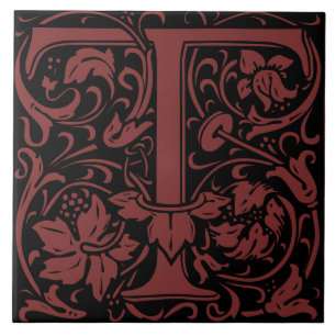 William Morris Art Nouveau Initial Vines Letter T Tile