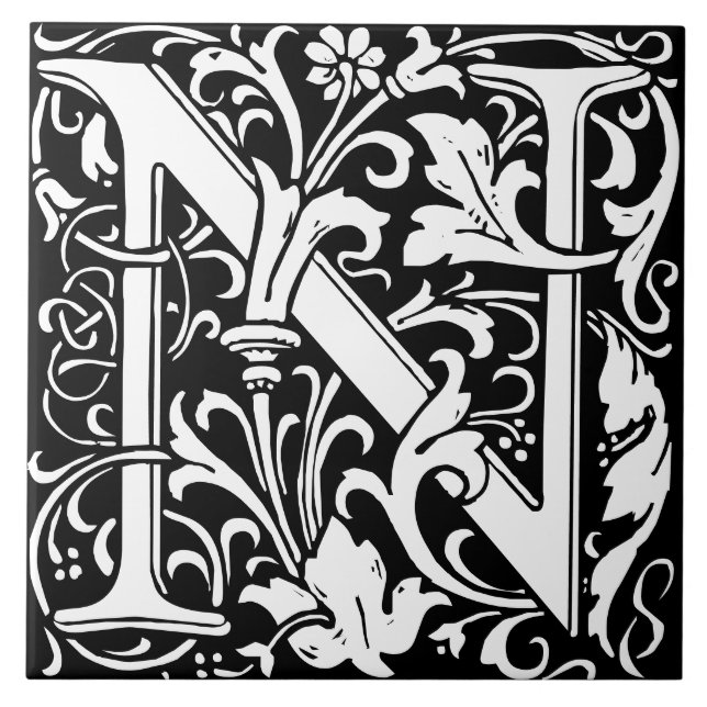 William Morris Art Nouveau Monogrammed Letter N Tile (Front)