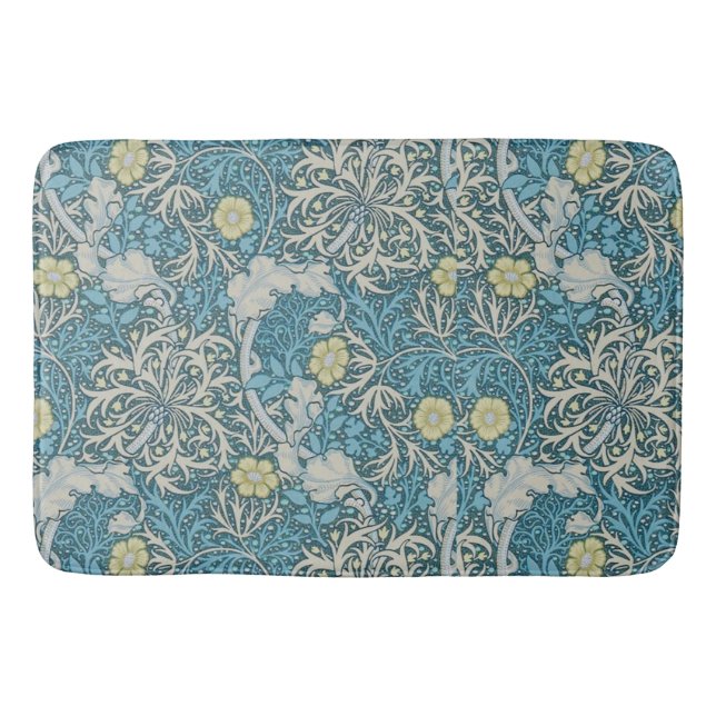 William Morris,art nouveau pattern, seaweed,blue,f Bath Mat (Front)