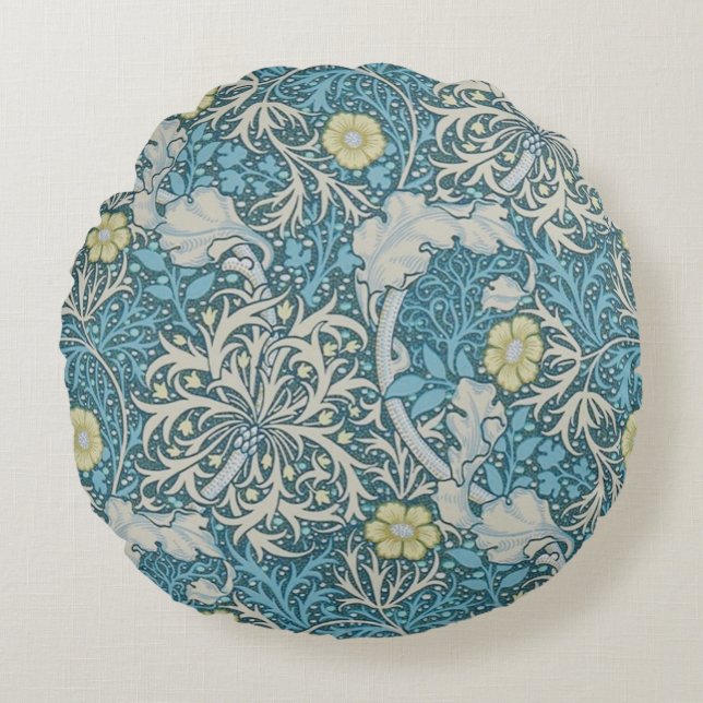 William Morris,art nouveau pattern, seaweed,blue,f Round Pillow (Front)