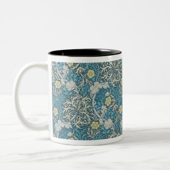 William Morris,art nouveau pattern, seaweed,blue, Two-Tone Coffee Mug (Left)