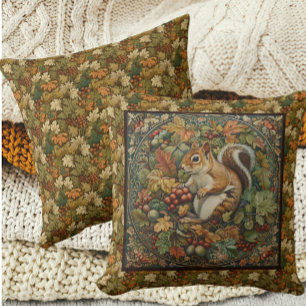 William Morris Autumn Chipmunk Leaves Berries Throw Pillow