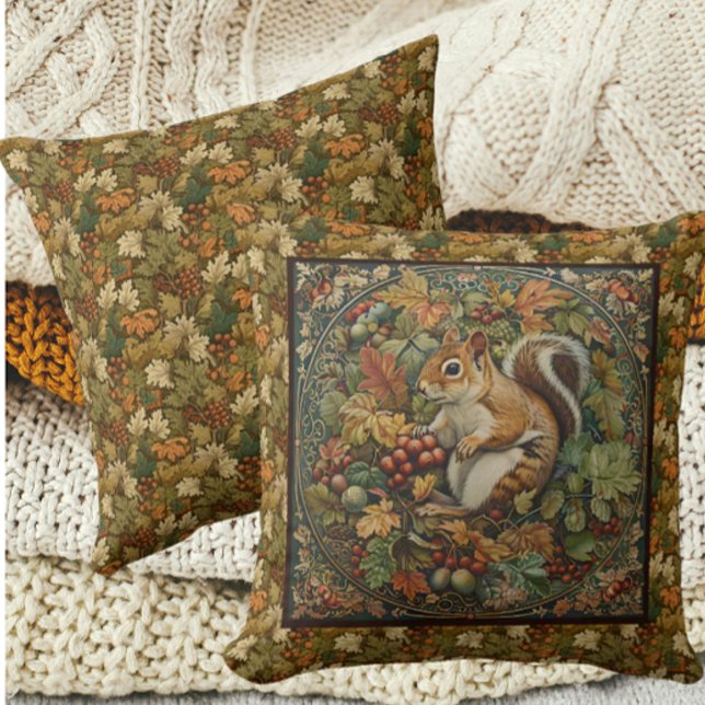 William Morris Autumn Chipmunk Leaves Berries Throw Pillow (Creator Uploaded)
