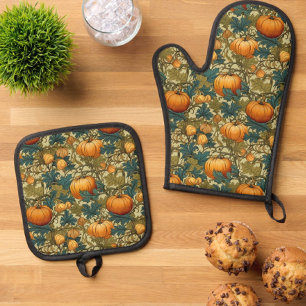 William Morris Autumn Pumpkin Patch Retro Oven Mitt & Pot Holder Set
