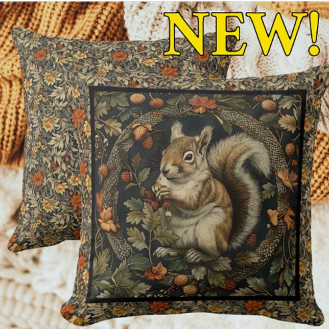 William Morris Autumn Squirrel Fall Leaves Throw Pillow (Stunning William Morris Autumn Squirrel illustration!)