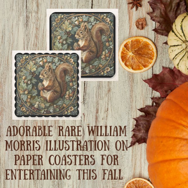 William Morris Autumn Squirrel Leaves Berries Square Paper Coaster (Perfect for holiday entertaining this fall!)