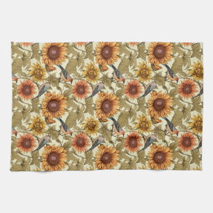 William Morris Autumn Sunflowers Birds Autumn Kitchen Towel