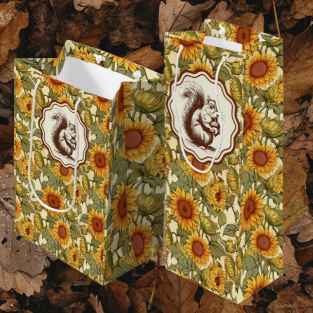 William Morris Autumn Sunflowers Squirrel   Wine Gift Bag (Perfect for fall gifting!)