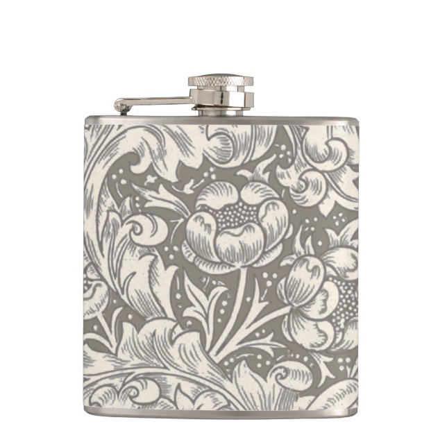 William Morris Bachelor's Button antique damask Hip Flask (Front)