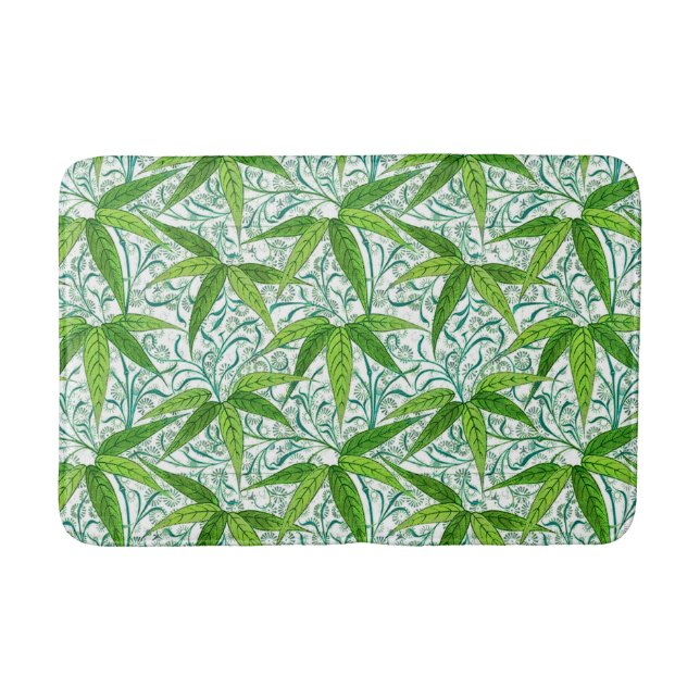 William Morris Bamboo Print, Green and White Bath Mat (Front)