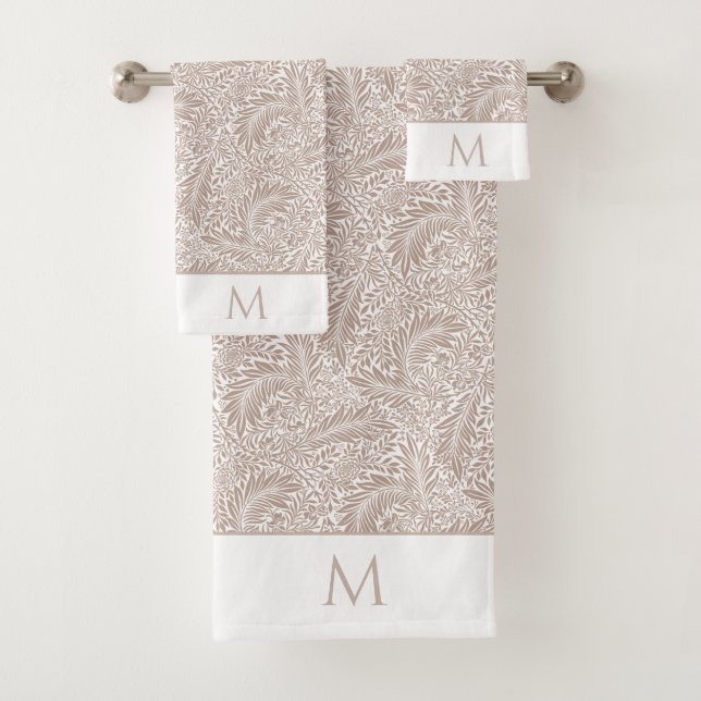 William Morris Beige Larkspur Pattern and Monogram Bath Towel Set (Insitu)