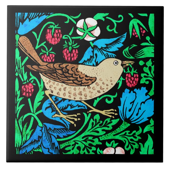 William Morris Bird & Flower Tile, Blue and Black Tile (Front)