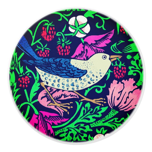 William Morris Bird & Flower Tile, Navy & Fuchsia  Ceramic Knob (Front)