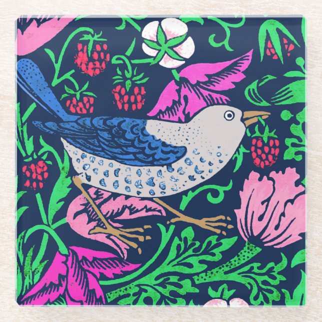 William Morris Bird & Flower Tile, Navy & Fuchsia Glass Coaster (Front)