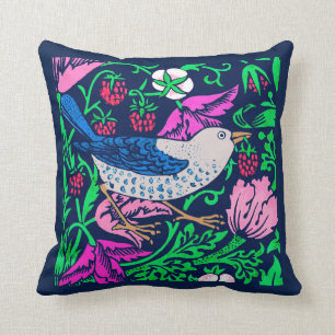 William Morris Bird & Flower Tile, Navy & Fuchsia Throw Pillow