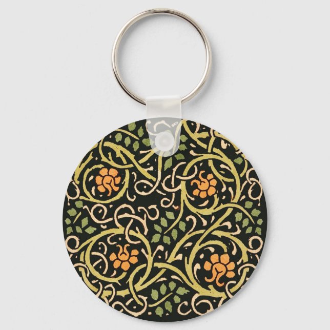 William Morris Black Floral Art Print Design Keychain (Front)
