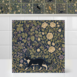 William Morris Black White Cat Baseline Canopy Bow Tile