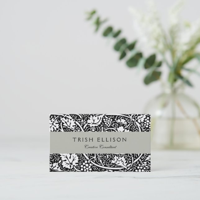 William Morris Black White Grape Vine Pattern Business Card (Standing Front)