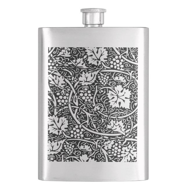 William Morris Black White Grape Vine Pattern Hip Flask (Front)