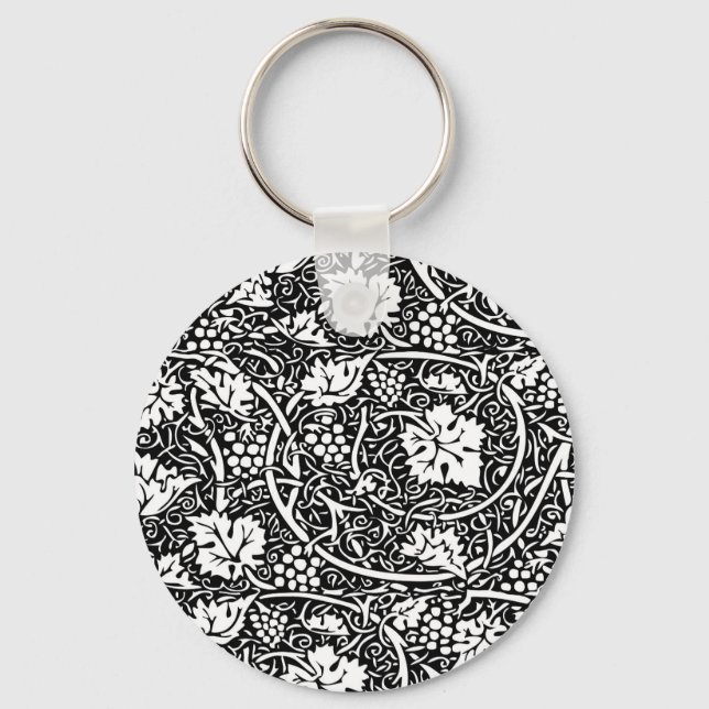 William Morris Black White Grape Vine Pattern Keychain (Front)